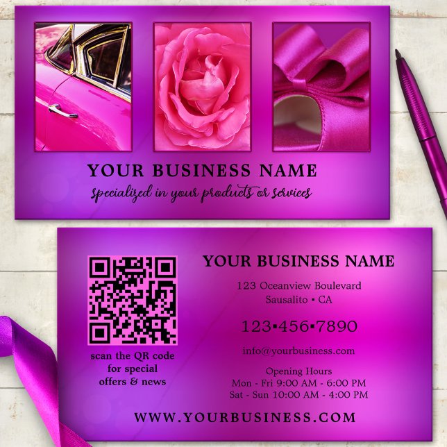 Hot Pink Eye-Catching QR Photo Business Card (Business card featuring your custom photos on an eye-catching hot pink purple design - with QR code)