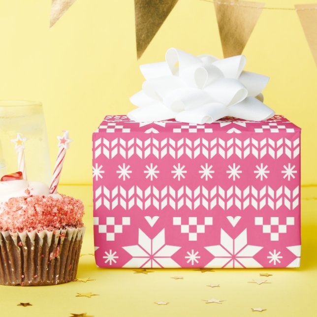 Hot Pink Fair Isle Christmas Sweater Pattern Wrapping Paper (Birthday Party)