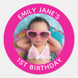 Hot Pink Family Photo 1st Birthday Favor Classic Round Sticker
