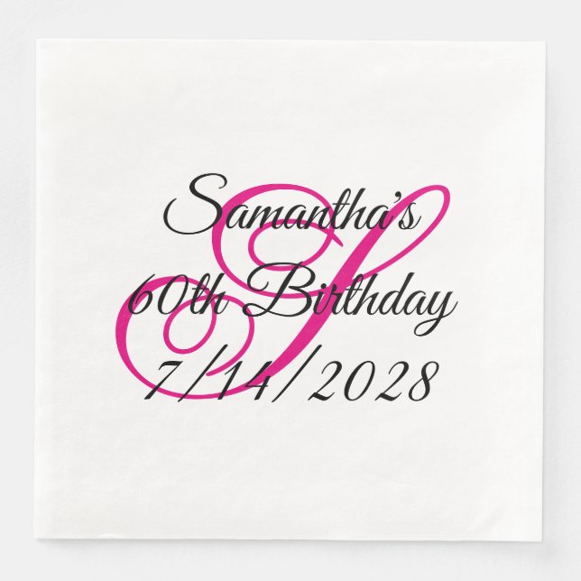 Hot Pink Fancy Monogram 60th Birthday Paper Dinner Napkins (Front)