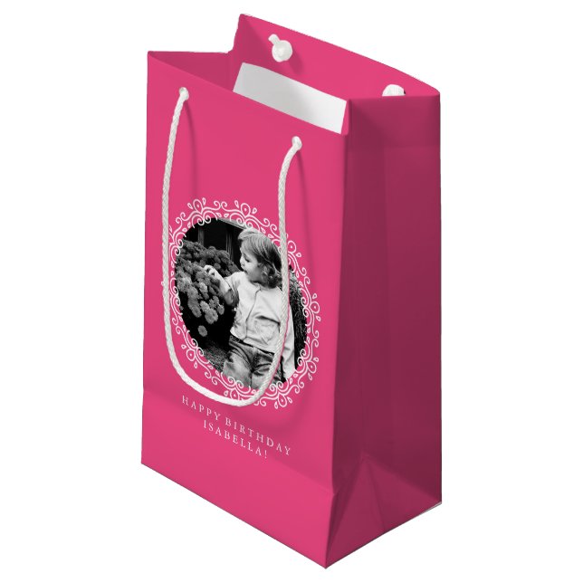 Hot Pink Fancy Swirls Photo Frame Small Gift Bag (Front Angled)
