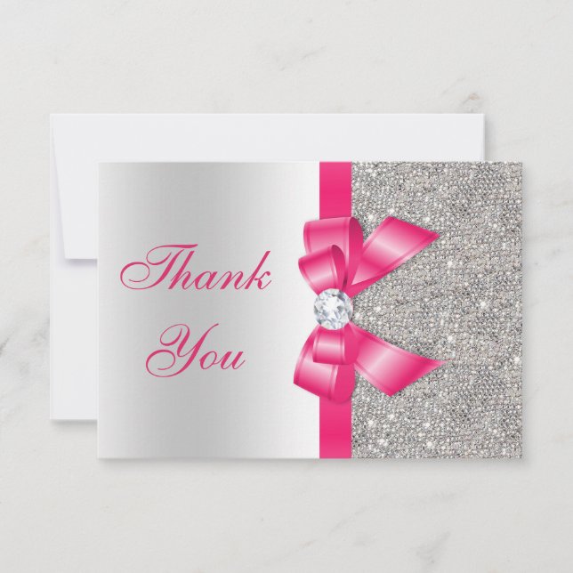 Hot Pink Faux Bow & Diamonds Blank Thank You (Front)