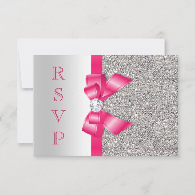 Hot Pink Faux Bow & Diamonds RSVP (Front)