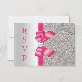Hot Pink Faux Bow & Diamonds RSVP Card