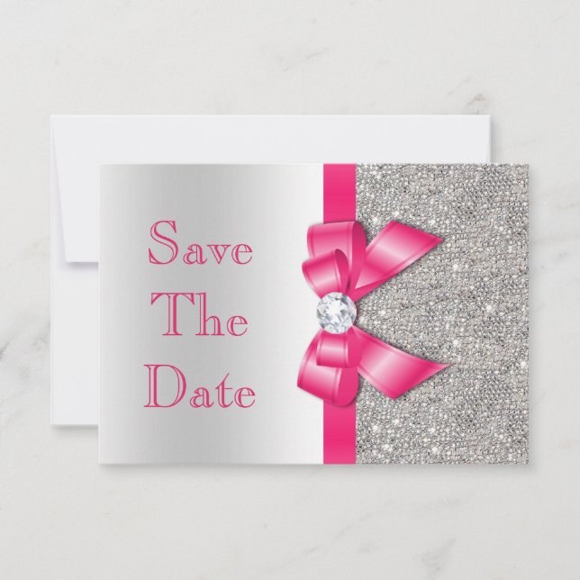 Hot Pink Faux Bow & Diamonds Save The Date (Front)