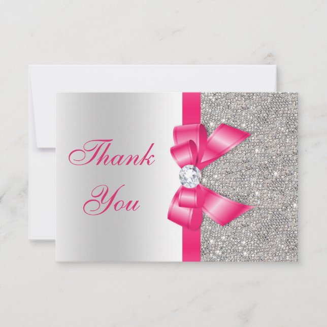 Hot Pink Faux Bow & Diamonds Thank You Card (Front)