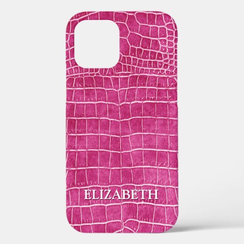 Hot Pink Faux Crocodile Leather Personalized Name iPhone 12 Case