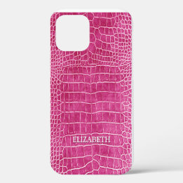 Hot Pink Faux Crocodile Leather Personalized Name iPhone 12 Case