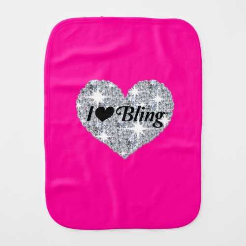 Hot pink faux diamond heart I Love Bling design Baby Burp Cloth