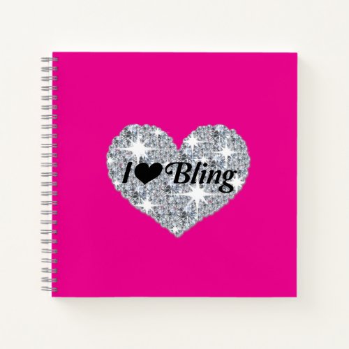 Hot pink Faux diamond heart I Love Bling design Notebook
