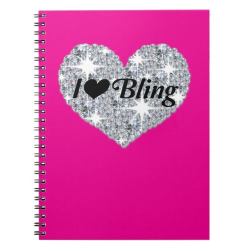 Hot pink Faux diamond heart I Love Bling design  Notebook