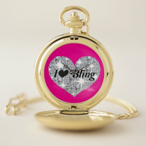 Hot pink Faux diamond heart I Love Bling design Wa Pocket Watch