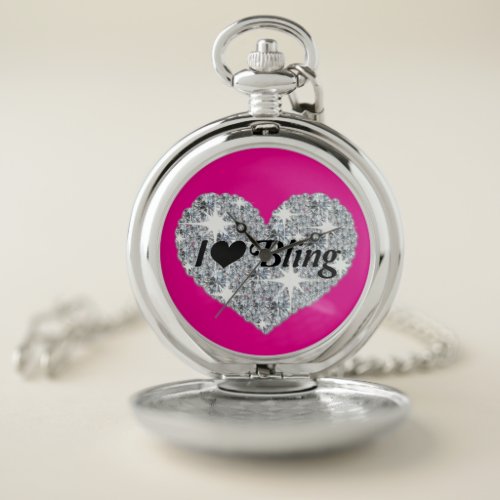 Hot pink Faux diamond heart I Love Bling design Wa Pocket Watch