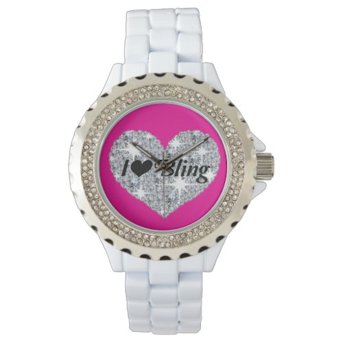Hot pink Faux diamond heart I Love Bling design Wa Watch