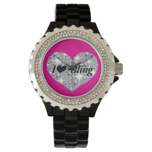 Hot pink Faux diamond heart I Love Bling design Wa Watch