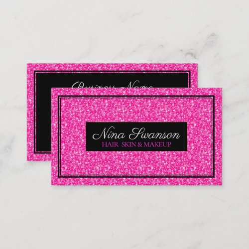 Hot Pink Faux Glitter Black Frame Business Card