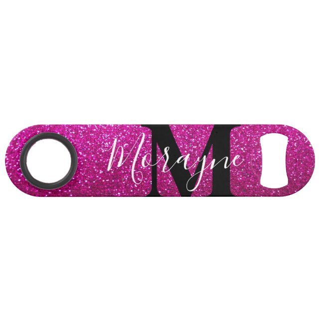 Hot Pink Faux Glitter Black White Monogram Name Bar Key (Back Horizontal)