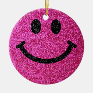 Hot pink faux glitter face ceramic ornament
