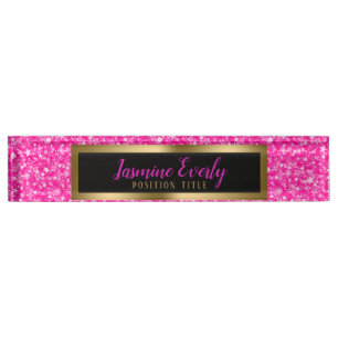 Hot Pink Faux Glitter Gold Accents Desk Name Plate