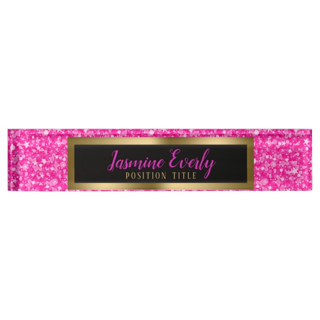 Hot Pink Faux Glitter Gold Accents Desk Name Plate (Front)
