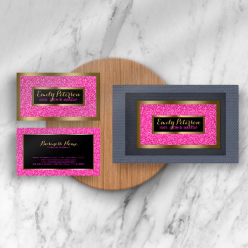 Hot Pink Faux Glitter Gold Accents Makeup Business Card