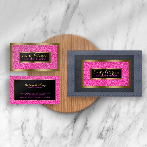 Customizable Hot Pink Faux Glitter Gold Accents Makeup Business Card