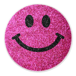 Hot pink faux glitter Happy face Ceramic Knob