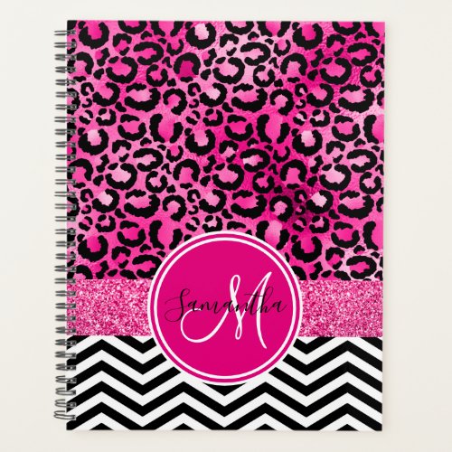 Hot Pink Faux Glitter Leopard Print Monogram Planner