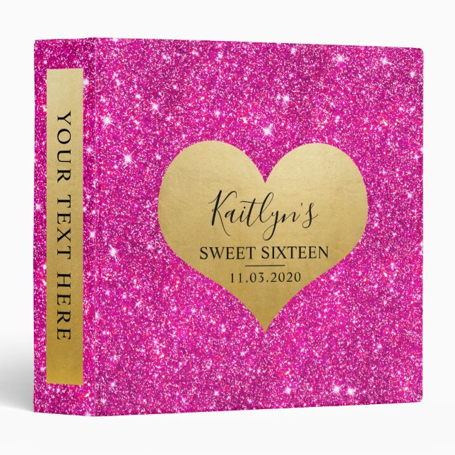 Hot Pink Faux Glitter Pattern Faux Gold Foil Heart 3 Ring Binder (Front/Spine)