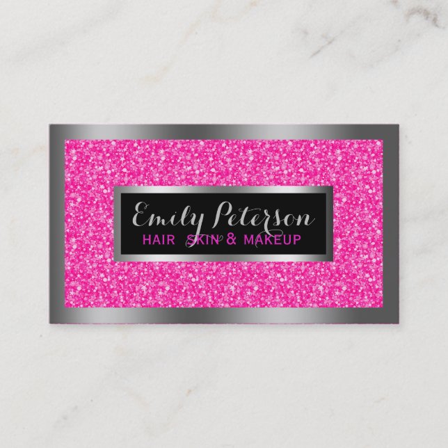 Hot Pink Faux Glitter Silver Accents Business Card (Front)
