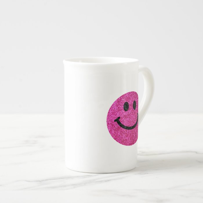 Hot pink faux glitter smiley face bone china mug