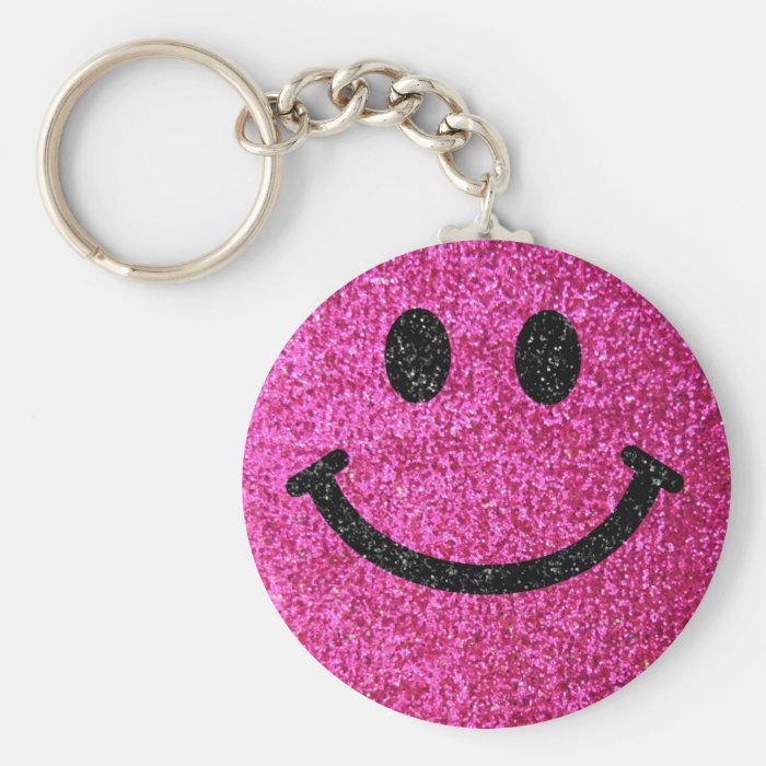 Hot pink faux glitter smiley face keychain