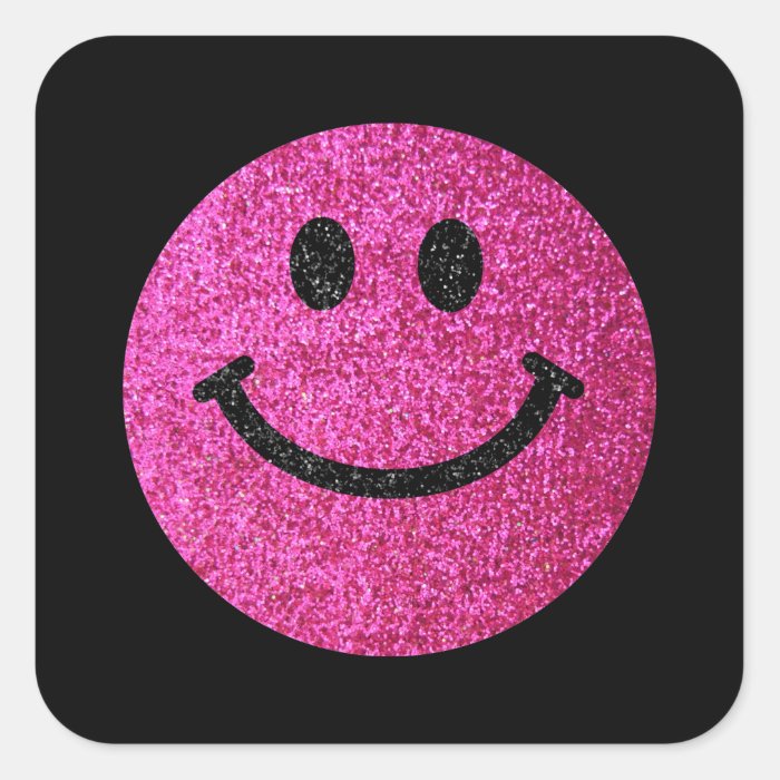 Hot pink faux glitter smiley face square stickers