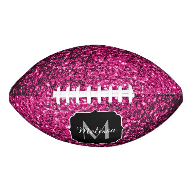 Hot pink faux glitter sparkle Monogram name Football (Front)