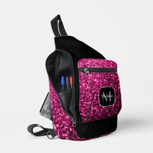 Hot pink faux glitter sparkles Black Monogram Sling Bag