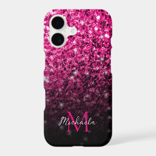 Hot pink faux glitter sparkles bling Monogram iPhone 17 Case