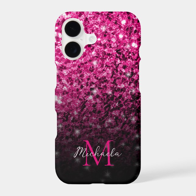 Hot pink faux glitter sparkles bling Monogram iPhone Case (Back)