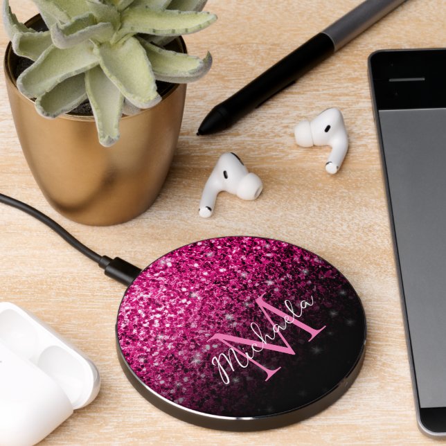 Hot pink faux glitter sparkles bling Monogram Wireless Charger (Desk 2)
