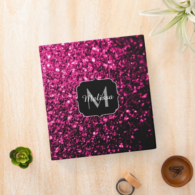 Hot pink faux glitter sparkles Monogram 3 Ring Binder (In Situ)