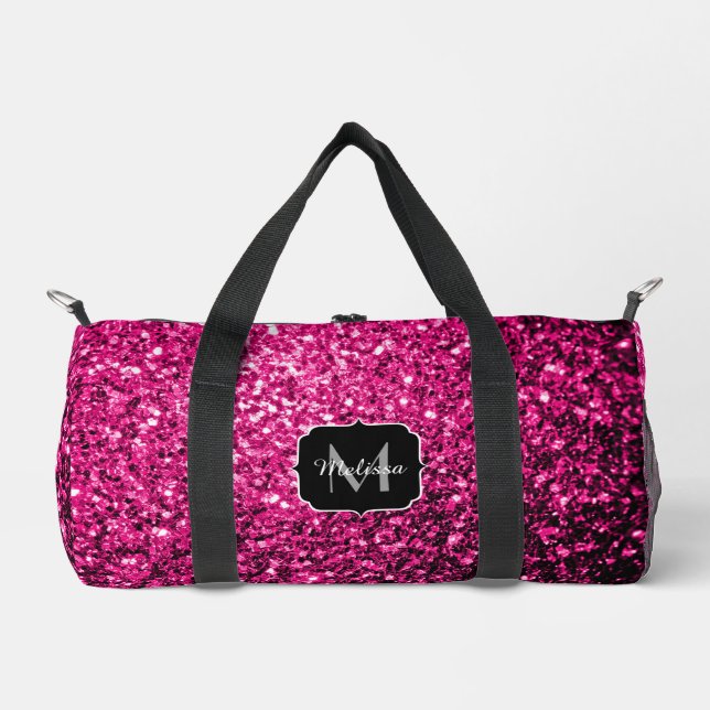 Hot pink faux glitter sparkles Monogram Duffle Bag (Front)