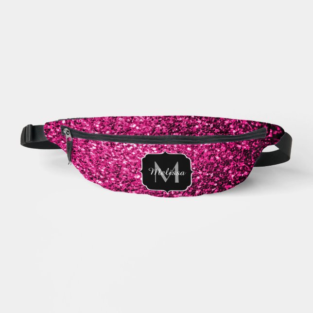 Hot pink faux glitter sparkles Monogram Fanny Pack (Front)