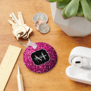 Hot pink faux glitter sparkles Monogram Keychain