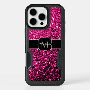 Hot pink faux glitter sparkles Monogram iPhone 16 Pro Max Case