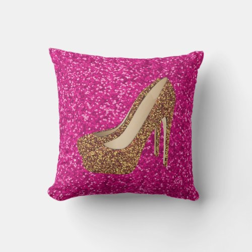 Hot Pink Faux Gold Glitter  High Heels Shoes Glam Throw Pillow