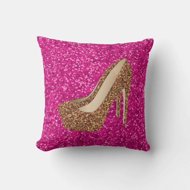 Hot Pink Faux Gold Glitter | High Heels Shoes Glam Throw Pillow (Front)
