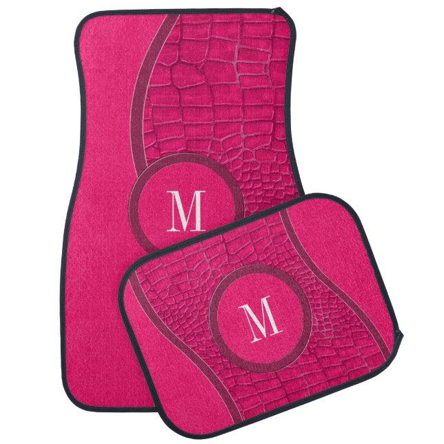Hot Pink Faux Leather Alligator Skin Chic Monogram Car Floor Mat (Set)