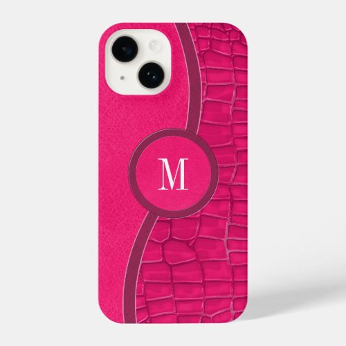 Hot Pink Faux Leather Alligator Skin Chic Monogram iPhone 14 Case