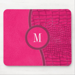 Hot Pink Faux Leather Alligator Skin Chic Monogram Mouse Pad