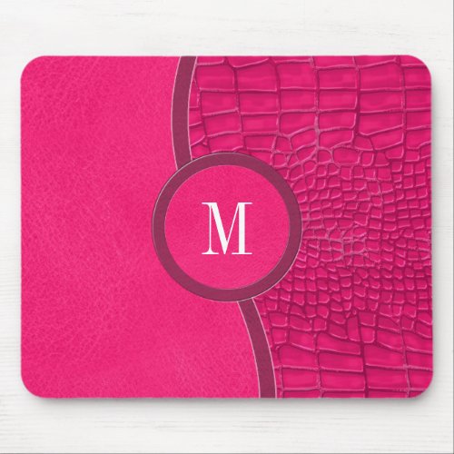 Hot Pink Faux Leather Alligator Skin Chic Monogram Mouse Pad