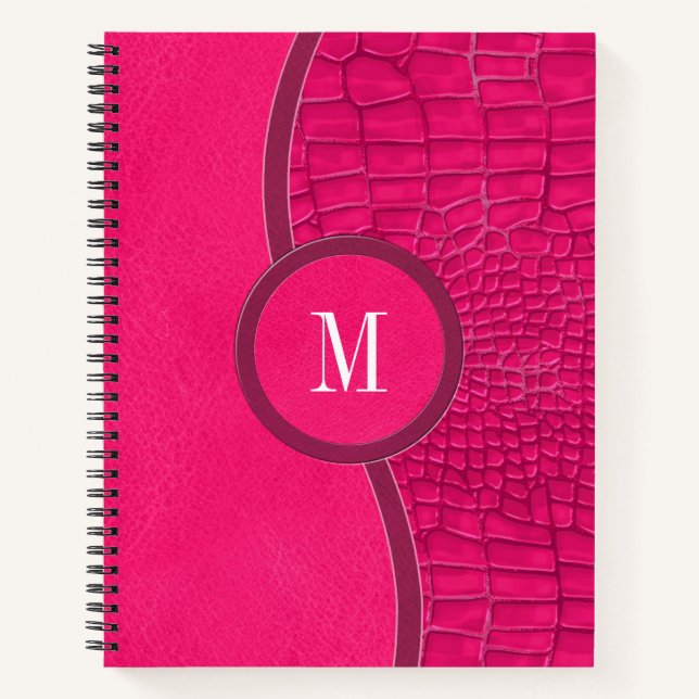 Hot Pink Faux Leather Alligator Skin Chic Monogram Notebook (Front)